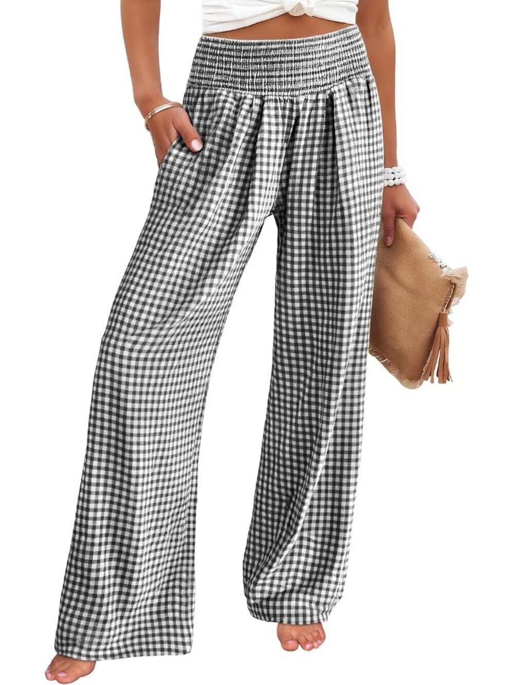 Trendy Women's Wide Leg Plaid Palazzo Pants with Pockets - Perfect for Travel